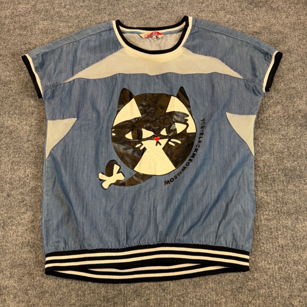 A02 Denim Toby Black Meow Meow Cat Mesh Chambray Top Blue Size M Kawaii